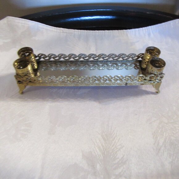 This is a vintage vanity tray with a mirror and lipstick holders. - Picture 1 of 13